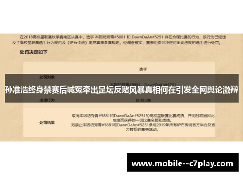 孙准浩终身禁赛后喊冤牵出足坛反赌风暴真相何在引发全网舆论激辩