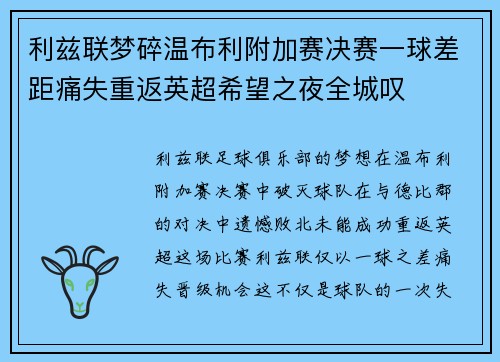 利兹联梦碎温布利附加赛决赛一球差距痛失重返英超希望之夜全城叹 利兹联梦碎温布利附加赛决赛一球差距痛失重返英超希望之夜全城叹